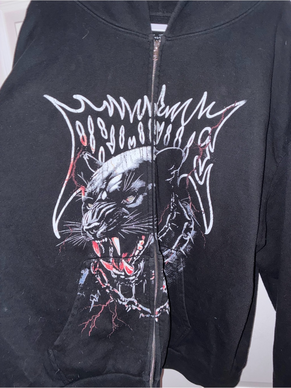 Primitive Black Zip-Up Hoodie with Panther Graphic and Red Accents